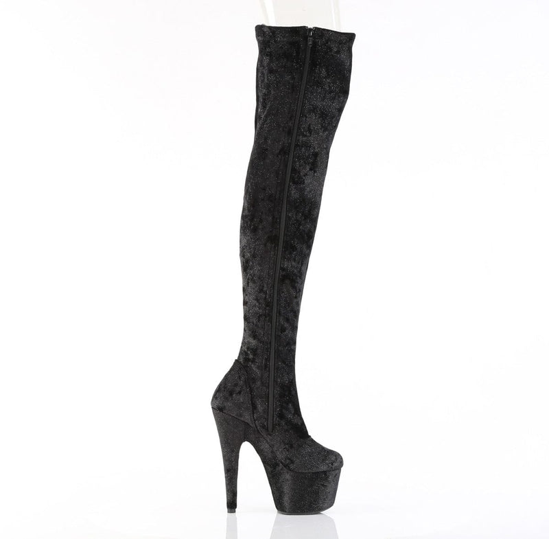 Pleaser ADORE-3000WR Platform Thigh High Boot (Black Shimmering Fabric/Black)