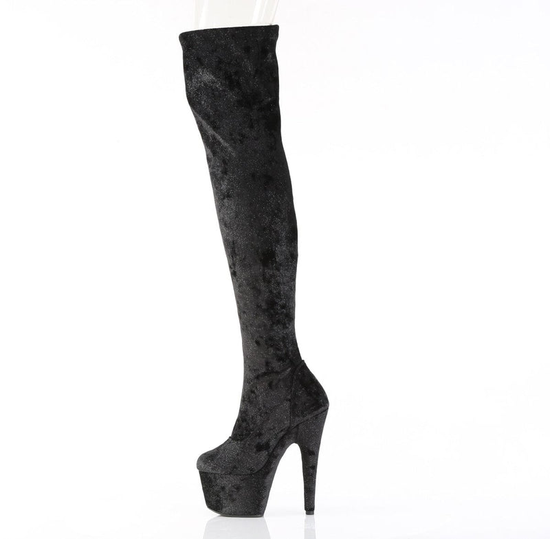 Pleaser ADORE-3000WR Platform Thigh High Boot (Black Shimmering Fabric/Black)