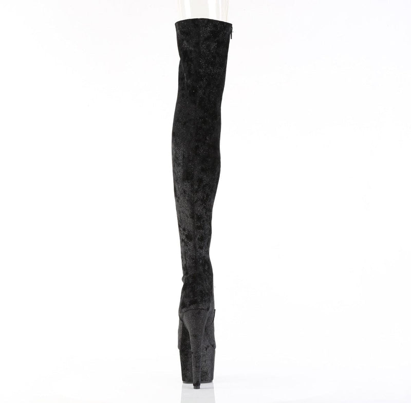 Pleaser ADORE-3000WR Platform Thigh High Boot (Black Shimmering Fabric/Black)