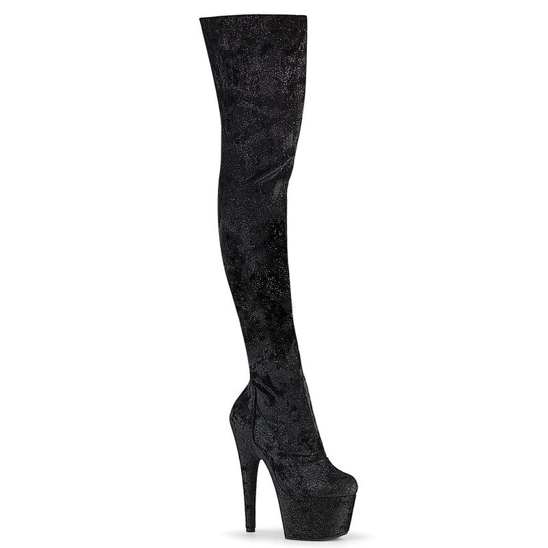 Pleaser ADORE-3000WR Platform Thigh High Boot (Black Shimmering Fabric/Black)