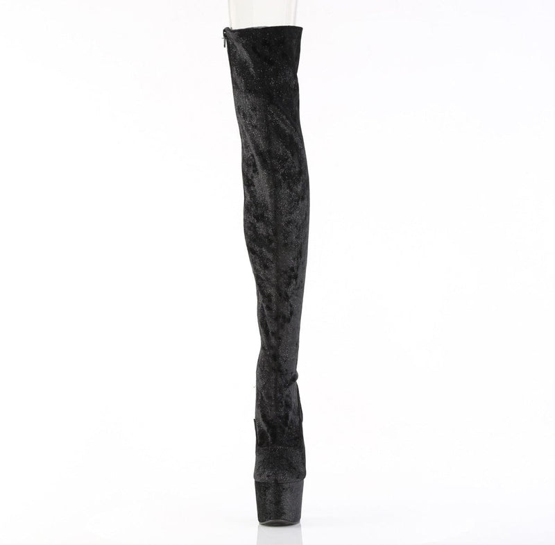 Pleaser ADORE-3000WR Platform Thigh High Boot (Black Shimmering Fabric/Black)