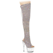 Pleaser ADORE-3019C-RS Platform Knee High Boot (Silver AB Rhinestone-Faux Suede/Clear)