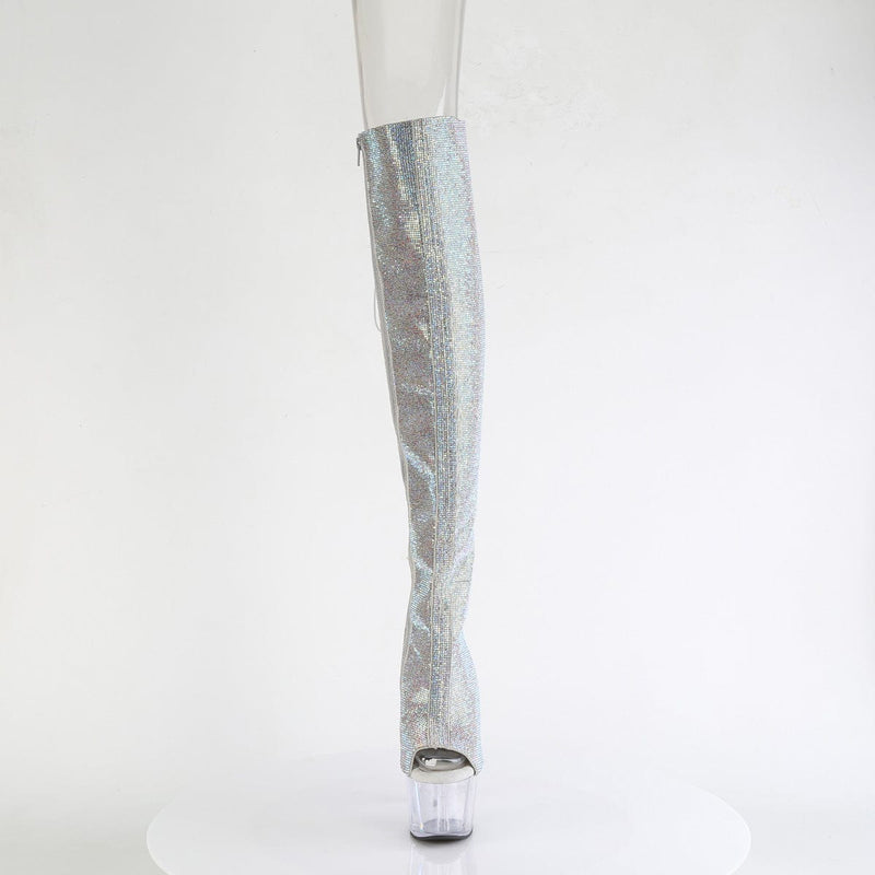 Pleaser ADORE-3019C-RS Platform Knee High Boot (Silver AB Rhinestone-Faux Suede/Clear)
