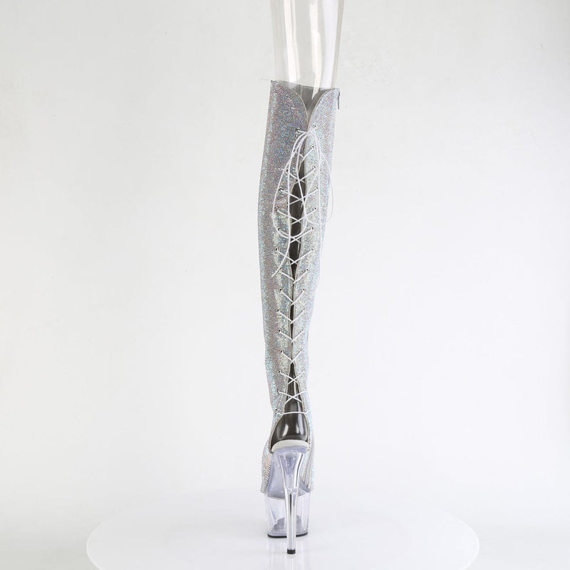 Pleaser ADORE-3019C-RS Platform Knee High Boot (Silver AB Rhinestone-Faux Suede/Clear)