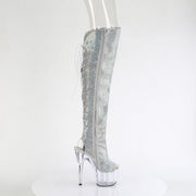 Pleaser ADORE-3019C-RS Platform Knee High Boot (Silver AB Rhinestone-Faux Suede/Clear)