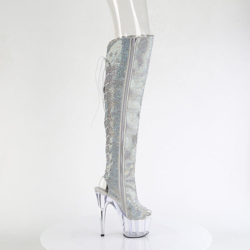 Pleaser ADORE-3019C-RS Platform Knee High Boot (Silver AB Rhinestone-Faux Suede/Clear)