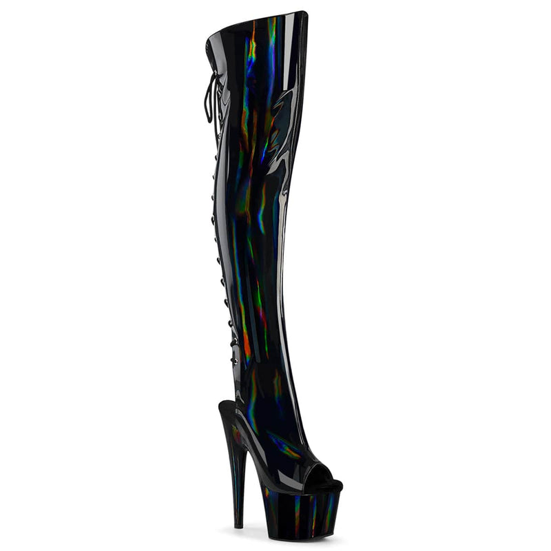 Pleaser ADORE-3019HWR Platform Knee High Boot (Black Stretch Holo/Black Holo) 5