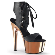 Pleaser ADORE-700-14 Platform Sandal (Black Faux Leather/Rose Gold Chrome)