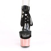 Pleaser ADORE-700-14 Platform Sandal (Black Faux Leather/Rose Gold Chrome)