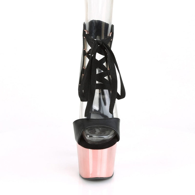 Pleaser ADORE-700-14 Platform Sandal (Black Faux Leather/Rose Gold Chrome)