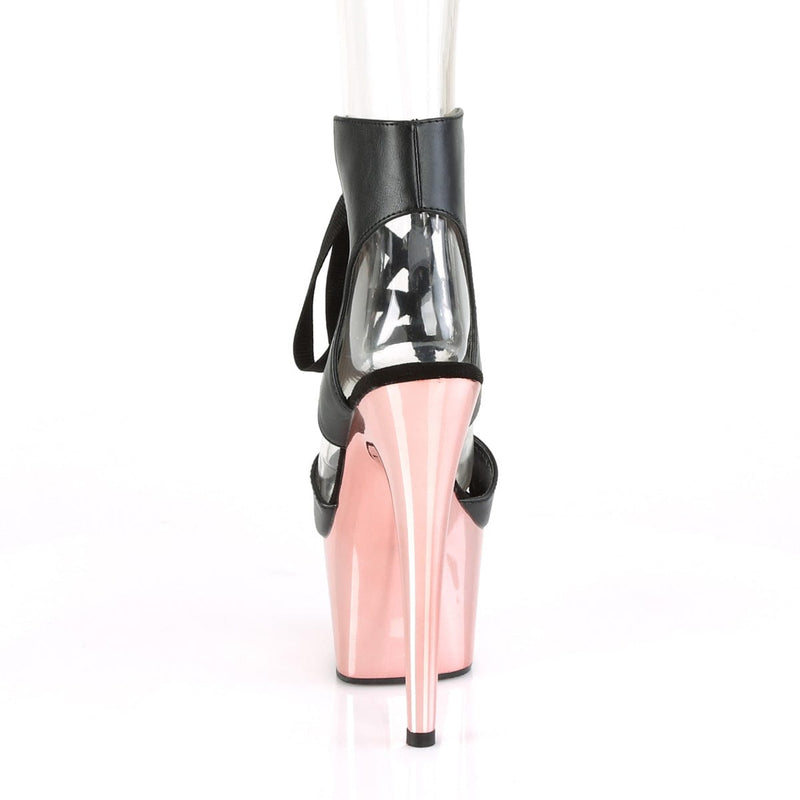 Pleaser ADORE-700-14 Platform Sandal (Black Faux Leather/Rose Gold Chrome)