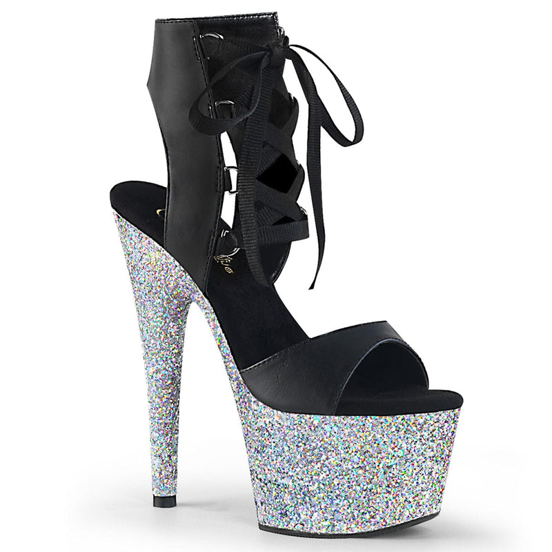Pleaser ADORE-700-14LG Platform Sandal (Black Faux Leather/Silver Multi Glitter)