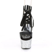 Pleaser ADORE-700-14LG Platform Sandal (Black Faux Leather/Silver Multi Glitter)