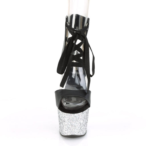 Pleaser ADORE-700-14LG Platform Sandal (Black Faux Leather/Silver Multi Glitter)
