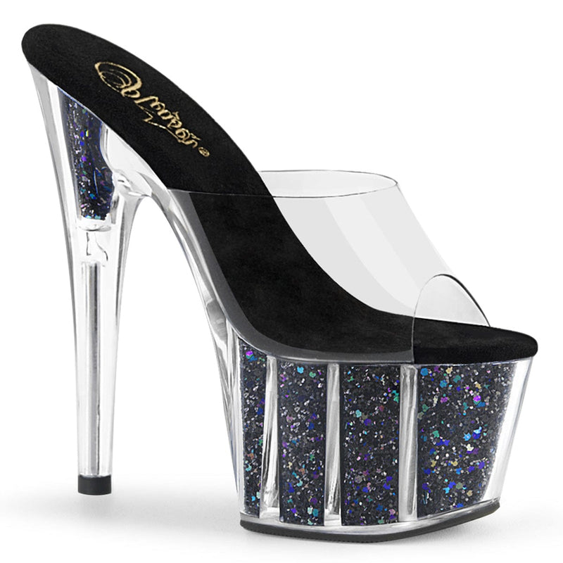 Pleaser ADORE-701CG Platform Slide (Clear/Black Confetti Glitter)