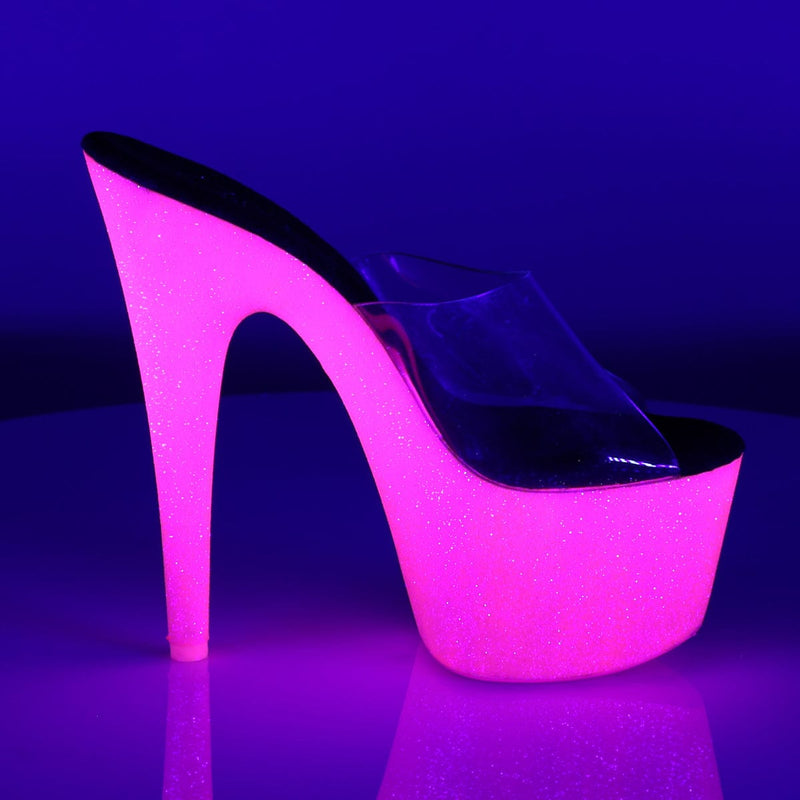 Pleaser ADORE-701UVG Platform Slide (Clear/Neon Hot Pink Glitter)