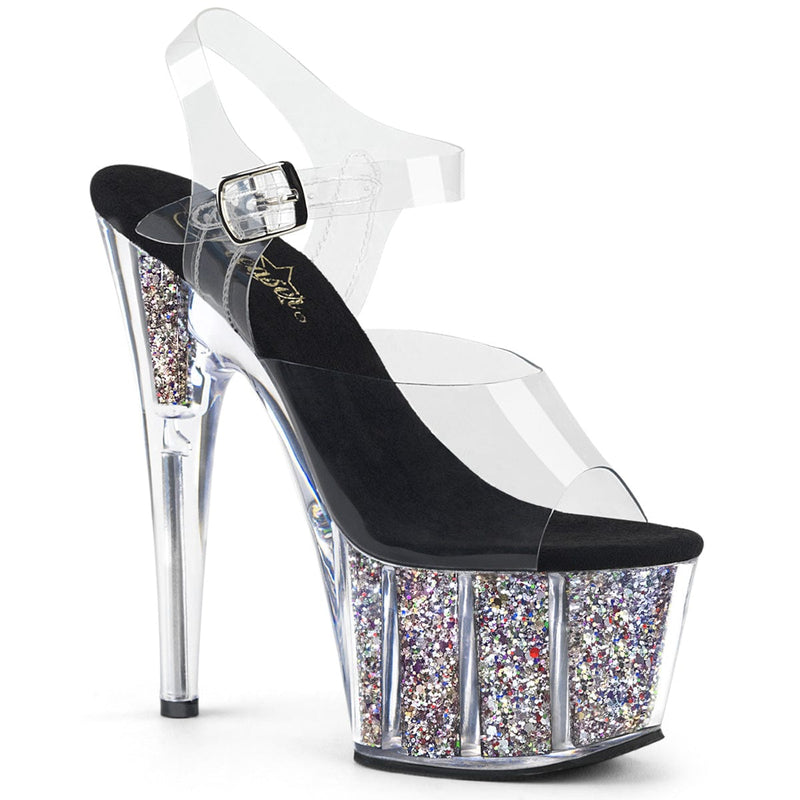 Pleaser ADORE-708CG Platform Sandal (Clear/Silver Confetti Glitter)