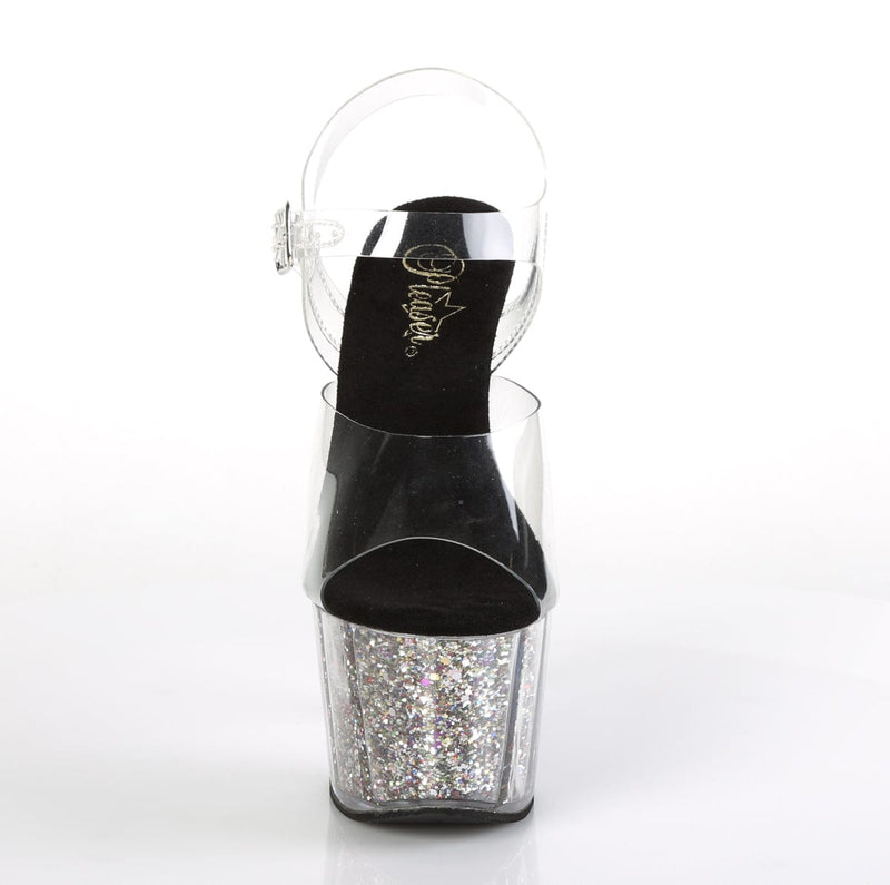 Pleaser ADORE-708CG Platform Sandal (Clear/Silver Confetti Glitter)