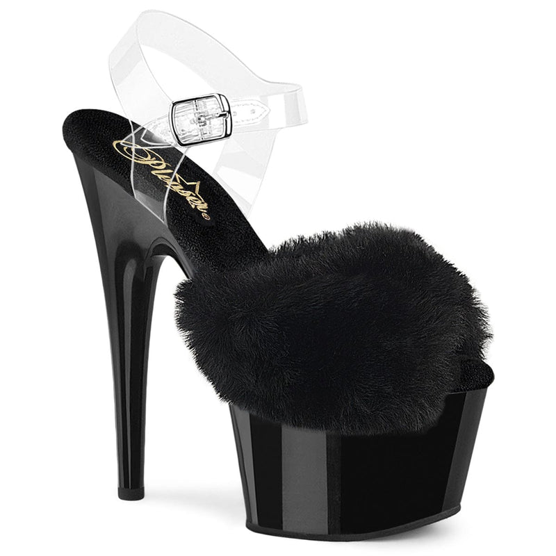Pleaser ADORE-708FUR Platform Sandal (Black Faux Fur-Clear TPU/Black)