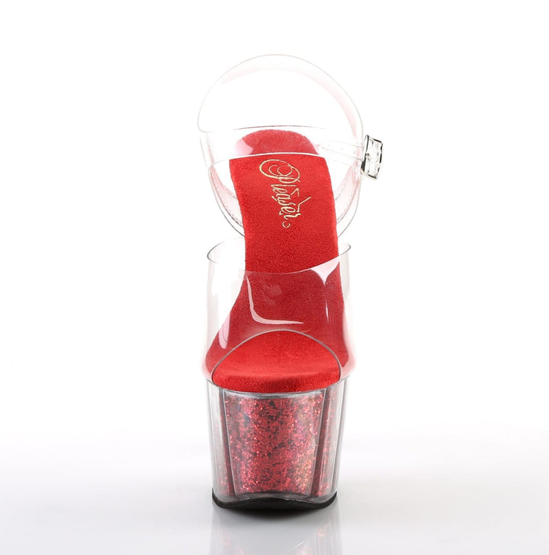 Pleaser ADORE-708G Platform Sandal (Clear/Red Glitter Inserts)