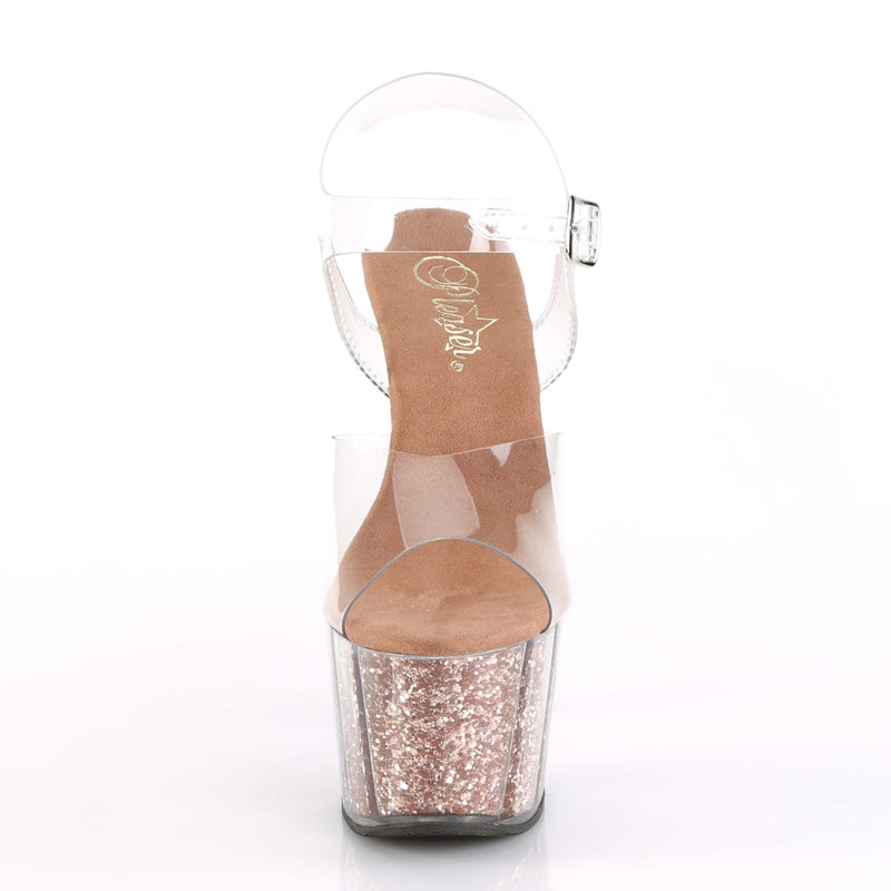 Pleaser ADORE-708G Platform Sandal (Clear/Rose Gold Glitter Inserts)