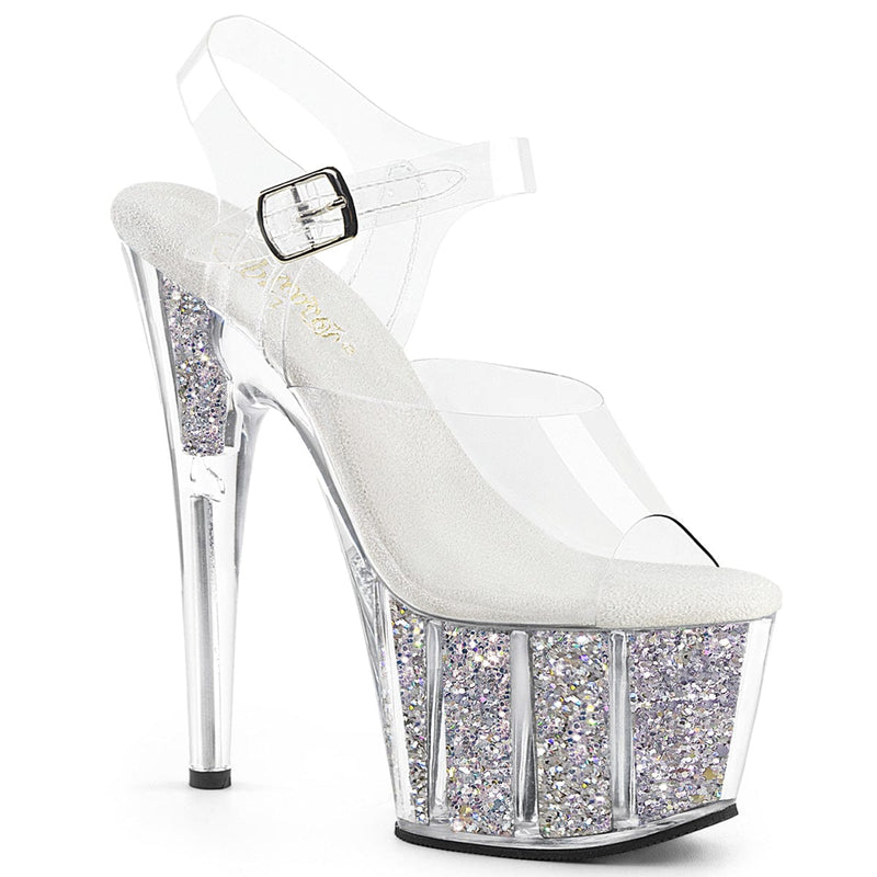 Pleaser ADORE-708G Platform Sandal (Clear/Silver Multi Glitter Inserts)