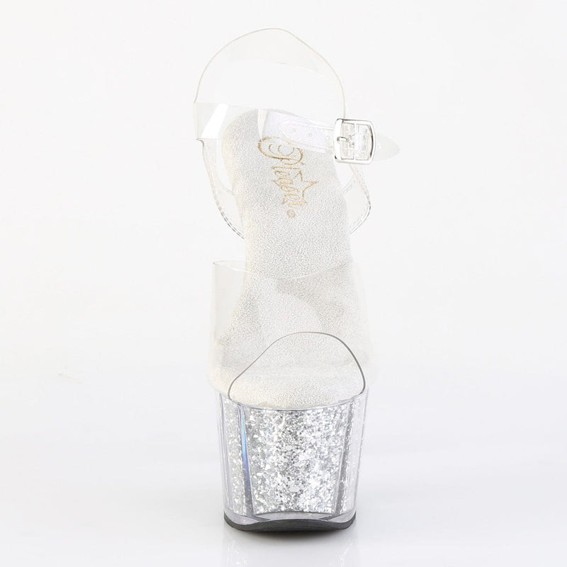 Pleaser ADORE-708G Platform Sandal (Clear/Silver Multi Glitter Inserts)