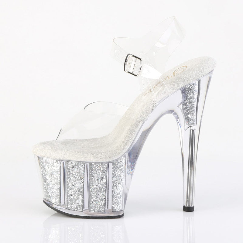 Pleaser ADORE-708G Platform Sandal (Clear/Silver Multi Glitter Inserts)
