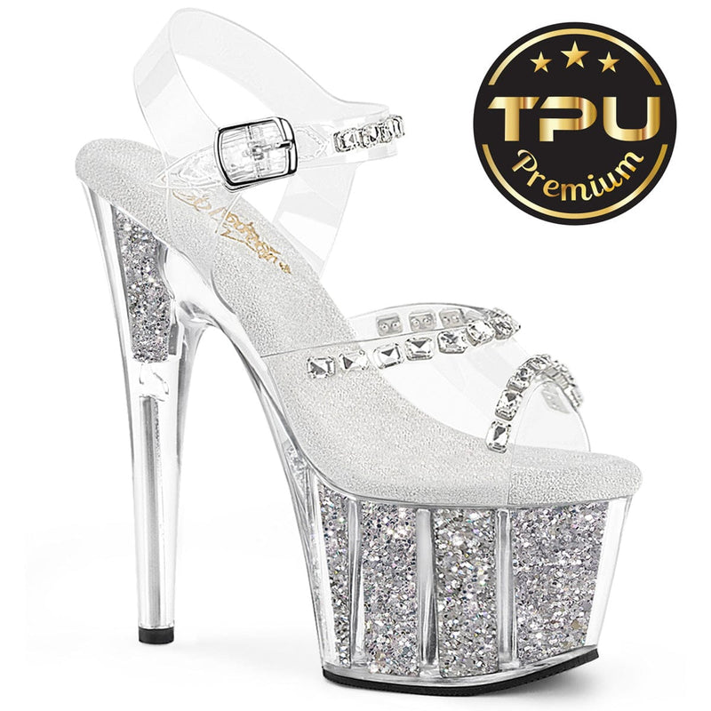 Pleaser ADORE-708PREM-STNG Platform Sandal (Clear TPU/Silver Glitter Ins)