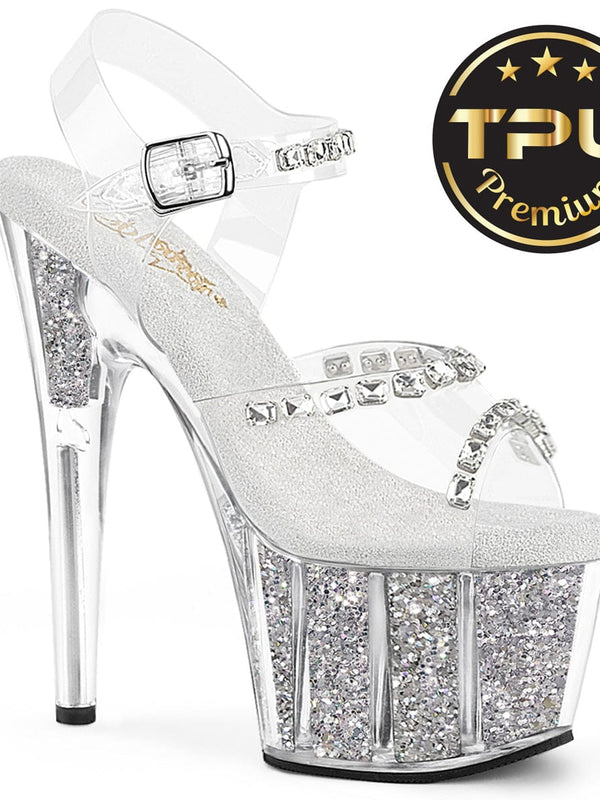 Pleaser ADORE-708PREM-STNG Platform Sandal (Clear TPU/Silver Glitter Ins)