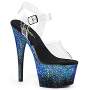 Pleaser ADORE-708SS Platform Sandal (Clear/Black-Blue Multi Glitter)
