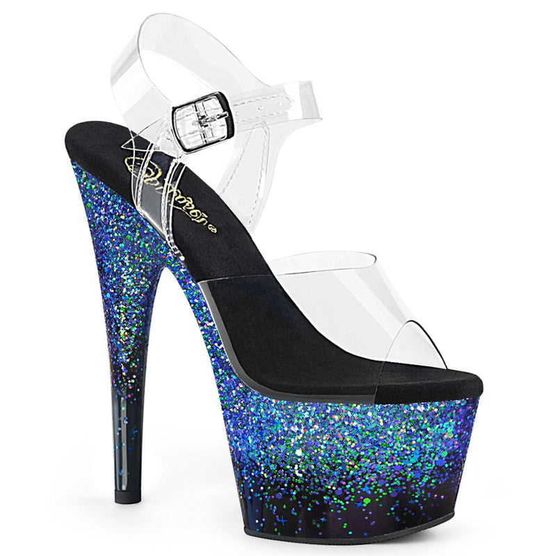 Pleaser ADORE-708SS Platform Sandal (Clear/Black-Blue Multi Glitter)