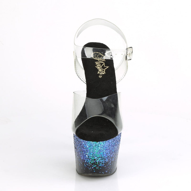 Pleaser ADORE-708SS Platform Sandal (Clear/Black-Blue Multi Glitter)