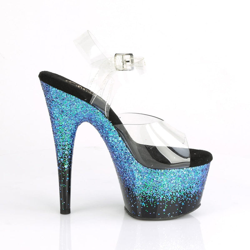 Pleaser ADORE-708SS Platform Sandal (Clear/Black-Blue Multi Glitter)