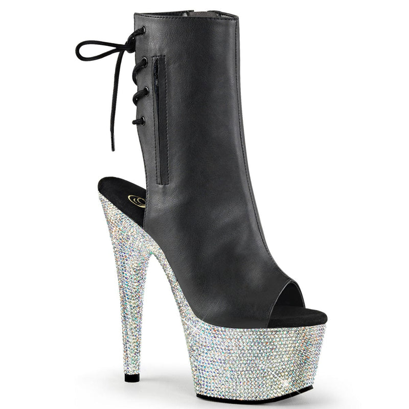 Pleaser BEJEWELED-1018DM-7 Platform Ankle Boot (Black Faux Leather/Silver Multi Rhinestone)
