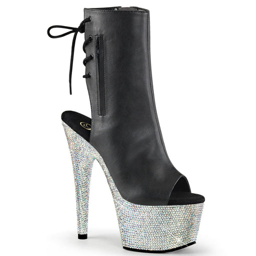 Pleaser BEJEWELED-1018DM-7 Platform Ankle Boot (Black Faux Leather/Silver Multi Rhinestone)