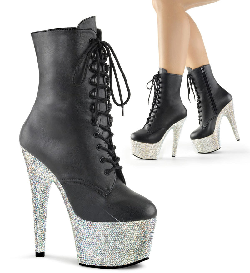 Pleaser BEJEWELED-1020-7 Platform Ankle Boot (Black Faux Leather/Silver Multi Rhinestone)