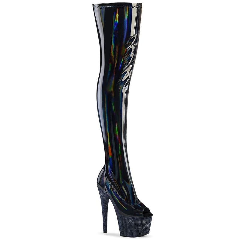 Pleaser BEJEWELED-3011-7 Platform Thigh High Boot (Black Stretch Holo Patent/Midnight Black Rhinestone) 5