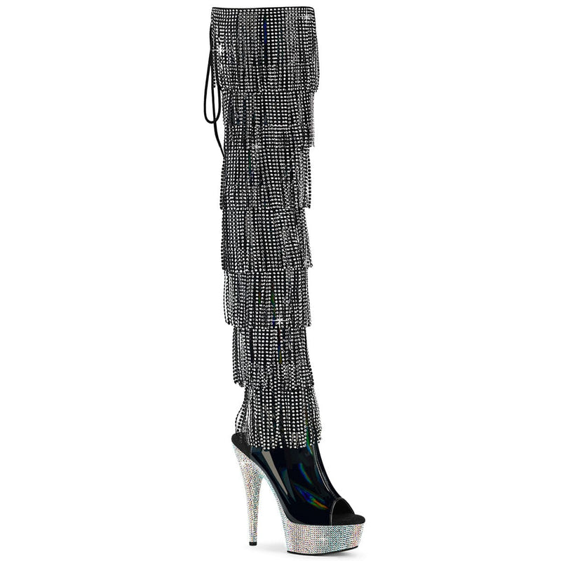 Pleaser BEJEWELED-3017HG-RSF Platform Thigh High Boot (Black Holo Patent/Silver AB Rhinestone)