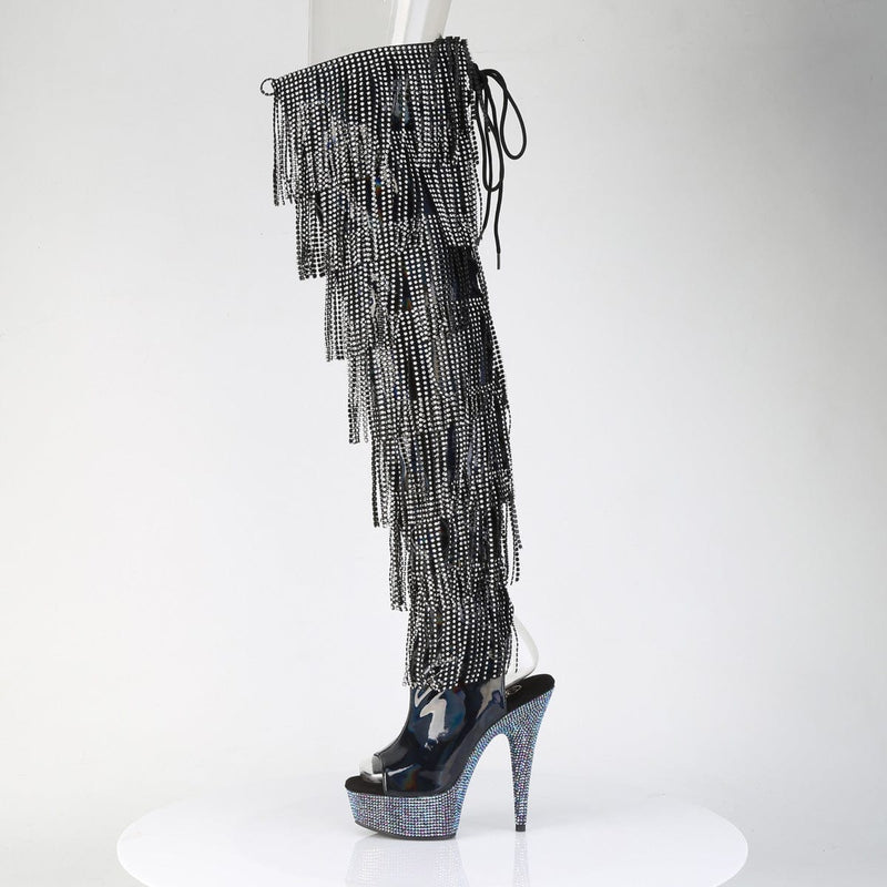 Pleaser BEJEWELED-3017HG-RSF Platform Thigh High Boot (Black Holo Patent/Silver AB Rhinestone)