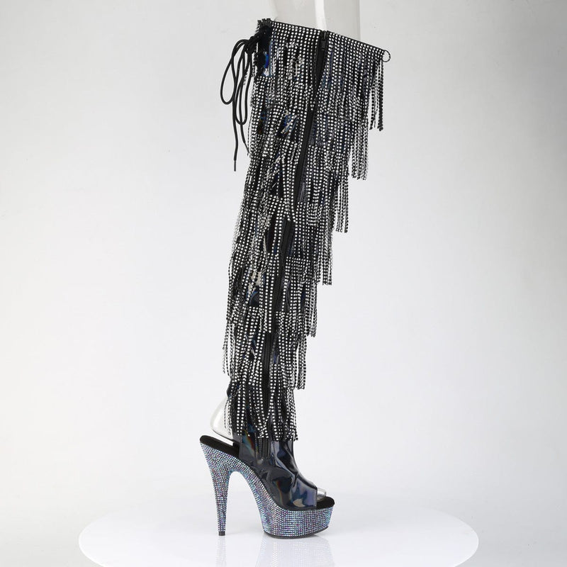 Pleaser BEJEWELED-3017HG-RSF Platform Thigh High Boot (Black Holo Patent/Silver AB Rhinestone)