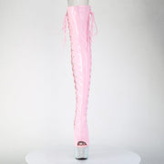 Pleaser BEJEWELED-3052HG-7 Platform Thigh High Boot (Baby Pink Holo Patent/Silver AB Rhinestone)