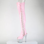 Pleaser BEJEWELED-3052HG-7 Platform Thigh High Boot (Baby Pink Holo Patent/Silver AB Rhinestone)