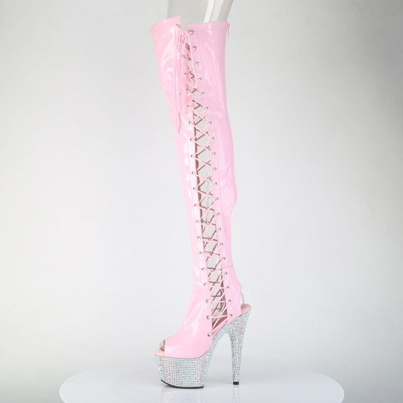 Pleaser BEJEWELED-3052HG-7 Platform Thigh High Boot (Baby Pink Holo Patent/Silver AB Rhinestone)
