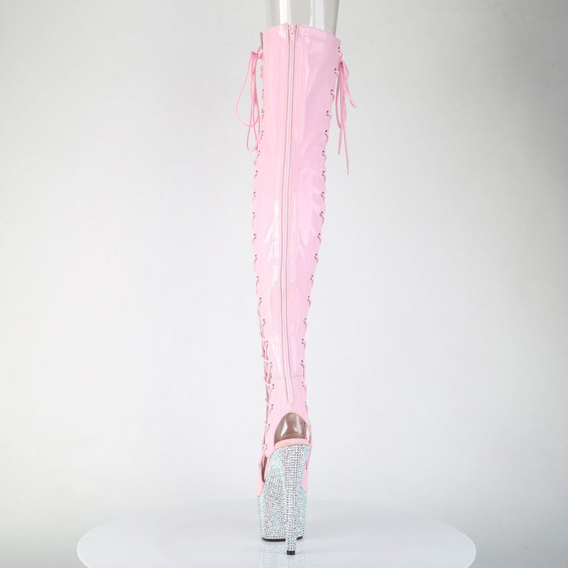 Pleaser BEJEWELED-3052HG-7 Platform Thigh High Boot (Baby Pink Holo Patent/Silver AB Rhinestone)