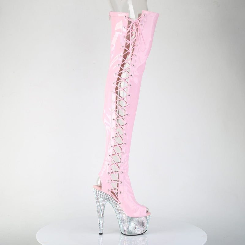 Pleaser BEJEWELED-3052HG-7 Platform Thigh High Boot (Baby Pink Holo Patent/Silver AB Rhinestone)