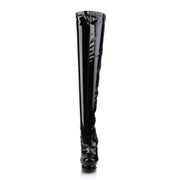 Pleaser BLONDIE-3000 Platform Thigh High Boot (Black Stretch Patent/Black-Pewter Chrome)