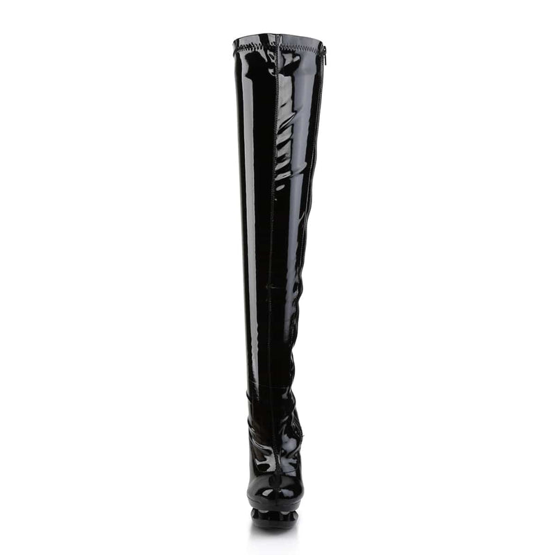 Pleaser BLONDIE-3000 Platform Thigh High Boot (Black Stretch Patent/Black-Pewter Chrome)