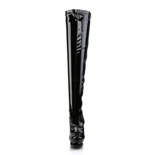 Pleaser BLONDIE-3000 Platform Thigh High Boot (Black Stretch Patent/Black-Pewter Chrome)
