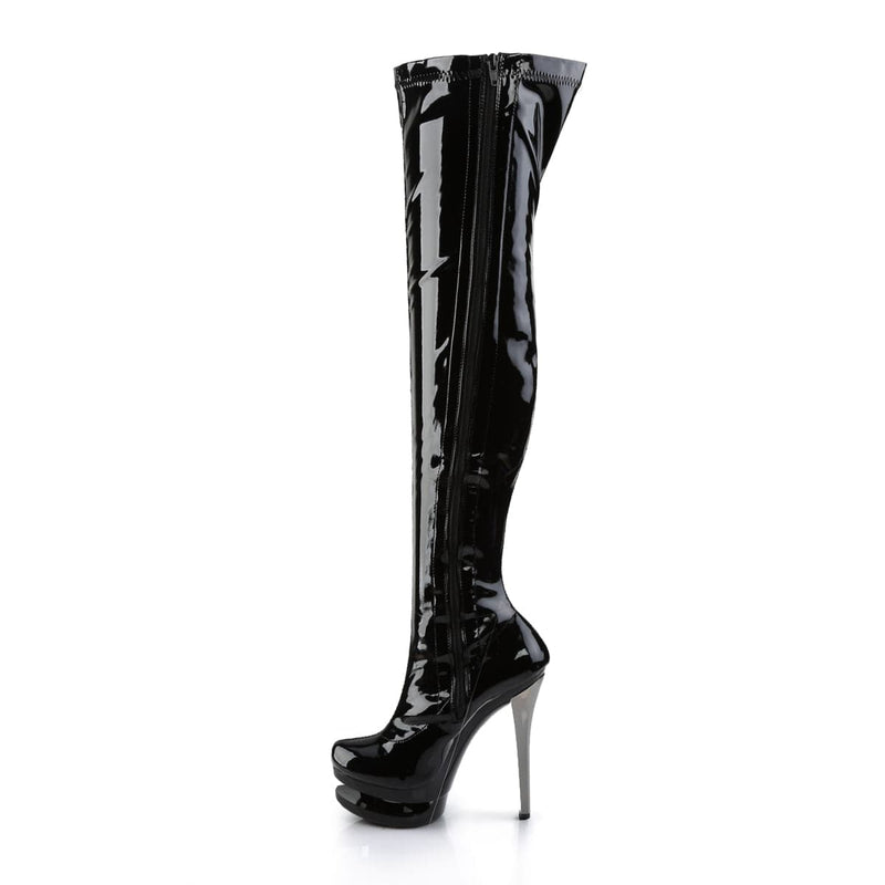 Pleaser BLONDIE-3000 Platform Thigh High Boot (Black Stretch Patent/Black-Pewter Chrome)
